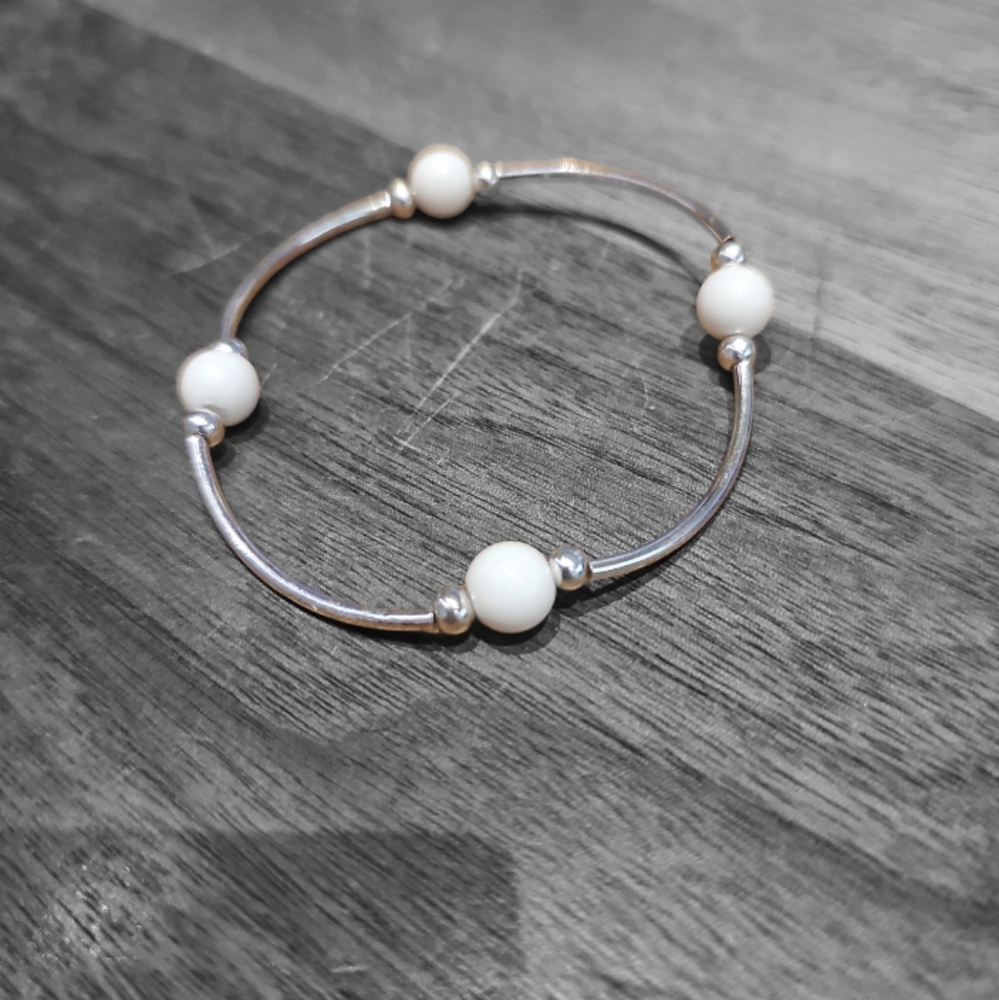 STERLING SILVER SMALLER BEAD WHITE OPAL BLESSING BRACELET.